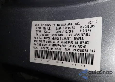 2017 Honda Accord Lx z USA, uszkodzony, nr VIN 1HGCR2F33HA192988